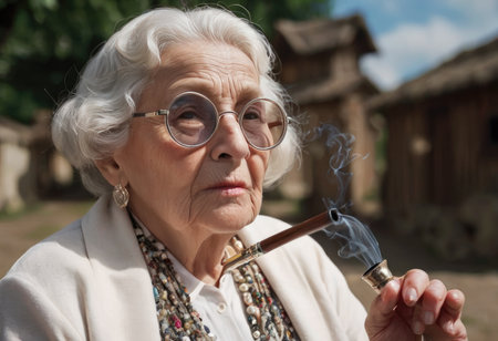 smiling senior elegant stylish fashionable woman with gray hair in fur coat outdoor smoking cigarette. Unhealthy lifestyle, age, positive vibes, oldness, addiction, bad habit concept.の素材