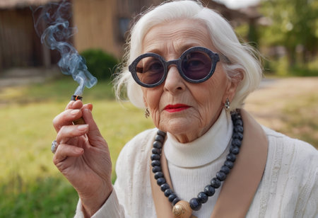 smiling senior elegant stylish fashionable woman with gray hair in fur coat outdoor smoking cigarette. Unhealthy lifestyle, age, positive vibes, oldness, addiction, bad habit concept.の素材
