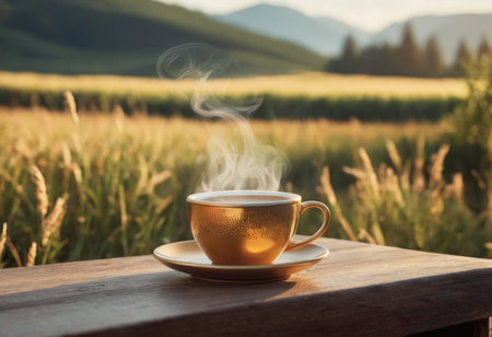 Steam rising from freshly prepared coffee in cup on table at homeの素材