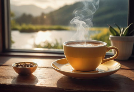 Steam rising from freshly prepared coffee in cup on table at homeの素材