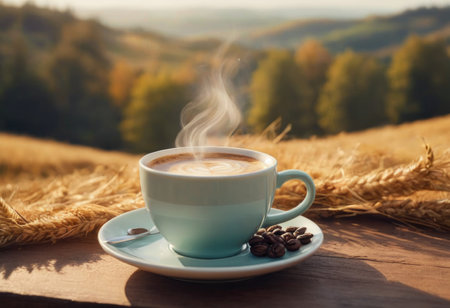 Steam rising from freshly prepared coffee in cup on table at homeの素材
