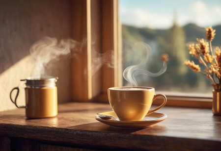 Steam rising from freshly prepared coffee in cup on table at homeの素材