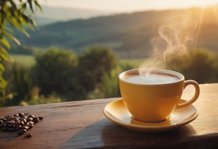 Steam rising from freshly prepared coffee in cup on table at homeの素材
