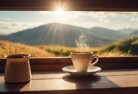 Steam rising from freshly prepared coffee in cup on table at homeの素材