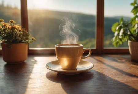 Steam rising from freshly prepared coffee in cup on table at homeの素材