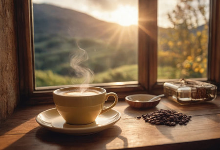 Steam rising from freshly prepared coffee in cup on table at homeの素材
