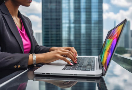 Young happy professional business woman employee sitting at desk working on laptop in modern corporate office interior. Smiling female worker using computer technology typing browsing web.の素材