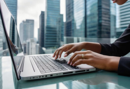 Young happy professional business woman employee sitting at desk working on laptop in modern corporate office interior. Smiling female worker using computer technology typing browsing web.の素材