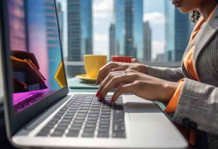 Young happy professional business woman employee sitting at desk working on laptop in modern corporate office interior. Smiling female worker using computer technology typing browsing web.の素材