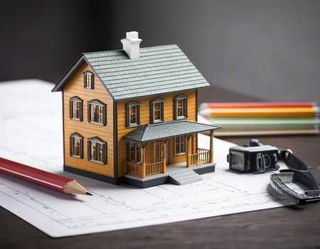 House model, blueprint, pencil, ruler on white background for architectural design and constructionの素材