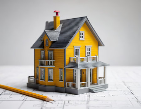House model, blueprint, pencil, ruler on white background for architectural design and constructionの素材