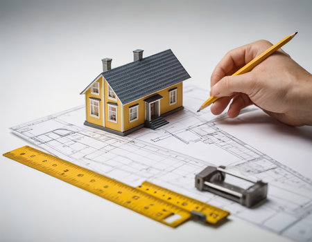 House model, blueprint, pencil, ruler on white background for architectural design and constructionの素材
