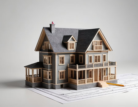 House model, blueprint, pencil, ruler on white background for architectural design and constructionの素材
