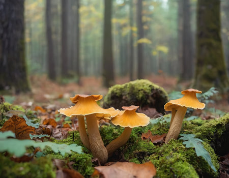 Close-up of a family of small orange chanterelles growing among the green grass in a pine forest. Glade of edible mushrooms. Fauna of Russia.の素材
