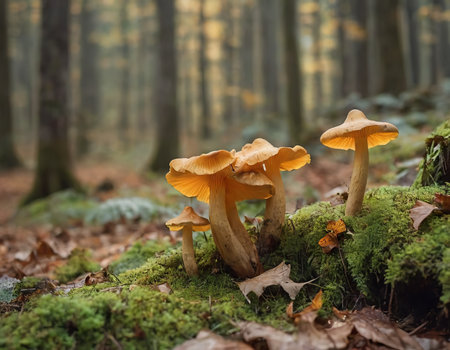 Close-up of a family of small orange chanterelles growing among the green grass in a pine forest. Glade of edible mushrooms. Fauna of Russia.の素材