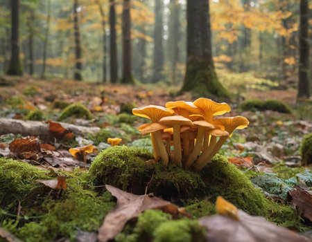 Close-up of a family of small orange chanterelles growing among the green grass in a pine forest. Glade of edible mushrooms. Fauna of Russia.の素材