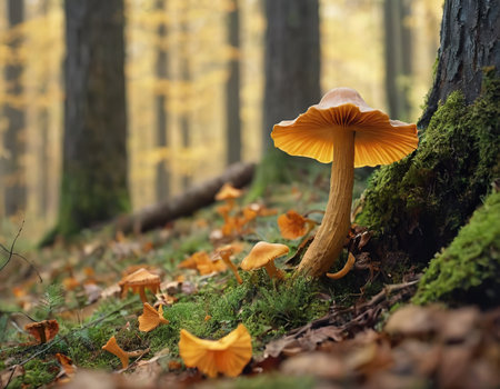 Close-up of a family of small orange chanterelles growing among the green grass in a pine forest. Glade of edible mushrooms. Fauna of Russia.の素材