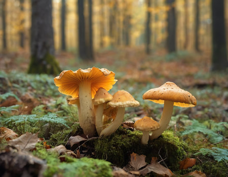 Close-up of a family of small orange chanterelles growing among the green grass in a pine forest. Glade of edible mushrooms. Fauna of Russia.の素材