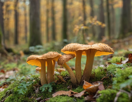 Close-up of a family of small orange chanterelles growing among the green grass in a pine forest. Glade of edible mushrooms. Fauna of Russia.の素材