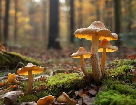 Close-up of a family of small orange chanterelles growing among the green grass in a pine forest. Glade of edible mushrooms. Fauna of Russia.の素材