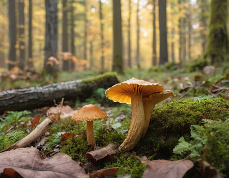 Close-up of a family of small orange chanterelles growing among the green grass in a pine forest. Glade of edible mushrooms. Fauna of Russia.の素材