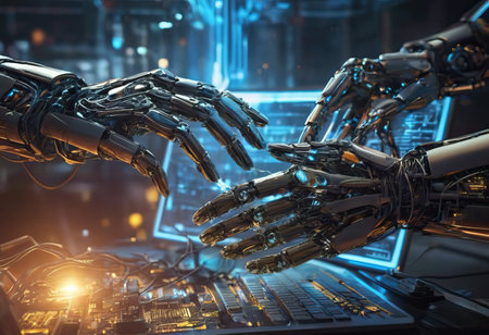AI, Machine learning, Hands of robot and human touch on big data network, Brain data creative in light bulb, Science and artificial intelligence technology, innovation for futuristic.の素材