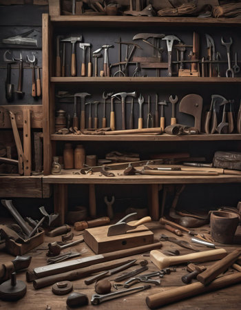 Diverse carpenter tools hung on wooden wallの素材