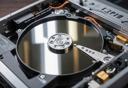 The abstract image of inside of hard disk drive on the technician's desk and a computer motherboard as a component. the concept of data, hardware, and information technology.の素材