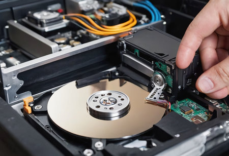 The abstract image of inside of hard disk drive on the technician's desk and a computer motherboard as a component. the concept of data, hardware, and information technology.の素材