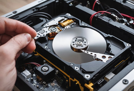 The abstract image of inside of hard disk drive on the technician's desk and a computer motherboard as a component. the concept of data, hardware, and information technology.の素材