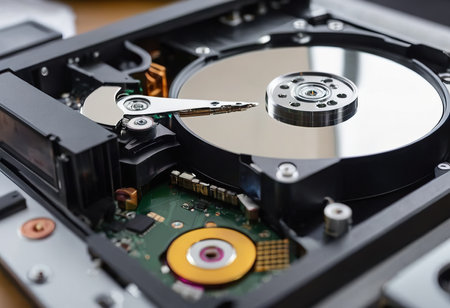 The abstract image of inside of hard disk drive on the technician's desk and a computer motherboard as a component. the concept of data, hardware, and information technology.の素材