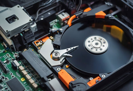 The abstract image of inside of hard disk drive on the technician's desk and a computer motherboard as a component. the concept of data, hardware, and information technology.の素材