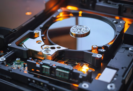 The abstract image of inside of hard disk drive on the technician's desk and a computer motherboard as a component. the concept of data, hardware, and information technology.の素材