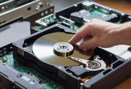 The abstract image of inside of hard disk drive on the technician's desk and a computer motherboard as a component. the concept of data, hardware, and information technology.の素材