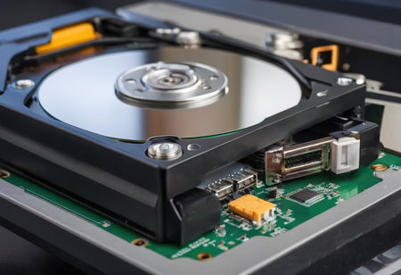 The abstract image of inside of hard disk drive on the technician's desk and a computer motherboard as a component. the concept of data, hardware, and information technology.の素材