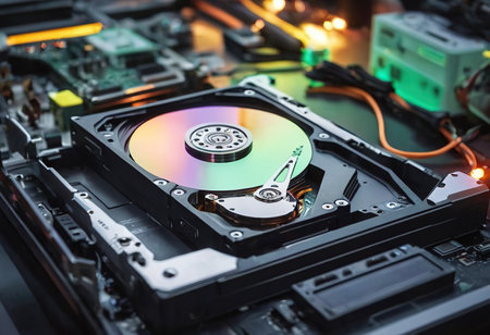 The abstract image of inside of hard disk drive on the technician's desk and a computer motherboard as a component. the concept of data, hardware, and information technology.の素材