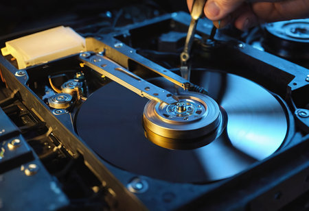 The abstract image of inside of hard disk drive on the technician's desk and a computer motherboard as a component. the concept of data, hardware, and information technology.の素材