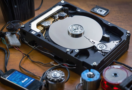 The abstract image of inside of hard disk drive on the technician's desk and a computer motherboard as a component. the concept of data, hardware, and information technology.の素材