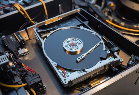 The abstract image of inside of hard disk drive on the technician's desk and a computer motherboard as a component. the concept of data, hardware, and information technology.の素材