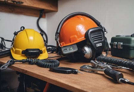 personal protective equipment, construction helmet, hearing protection, dust protection.の素材