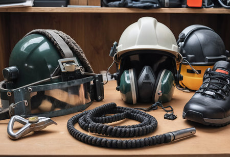 personal protective equipment, construction helmet, hearing protection, dust protection.の素材