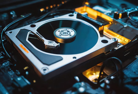 The abstract image of inside of hard disk drive on the technician's desk and a computer motherboard as a component. the concept of data, hardware, and information technology.の素材