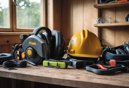 personal protective equipment, construction helmet, hearing protection, dust protection.の素材