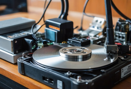The abstract image of inside of hard disk drive on the technician's desk and a computer motherboard as a component. the concept of data, hardware, and information technology.の素材