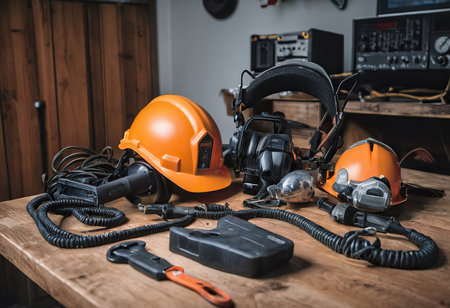 personal protective equipment, construction helmet, hearing protection, dust protection.の素材