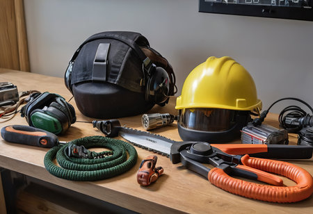 personal protective equipment, construction helmet, hearing protection, dust protection.の素材