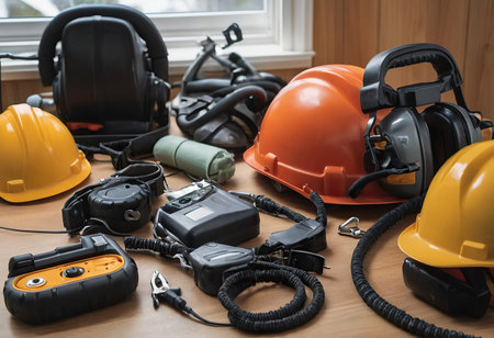 personal protective equipment, construction helmet, hearing protection, dust protection.の素材