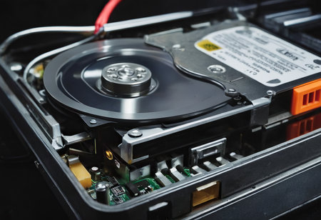 The abstract image of inside of hard disk drive on the technician's desk and a computer motherboard as a component. the concept of data, hardware, and information technology.の素材