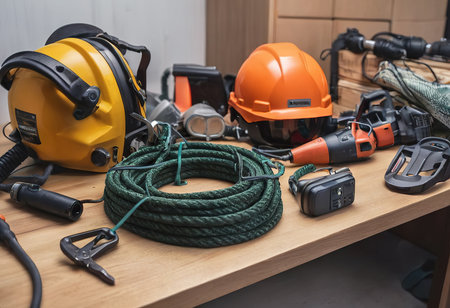 personal protective equipment, construction helmet, hearing protection, dust protection.の素材
