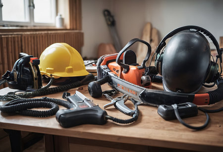 personal protective equipment, construction helmet, hearing protection, dust protection.の素材